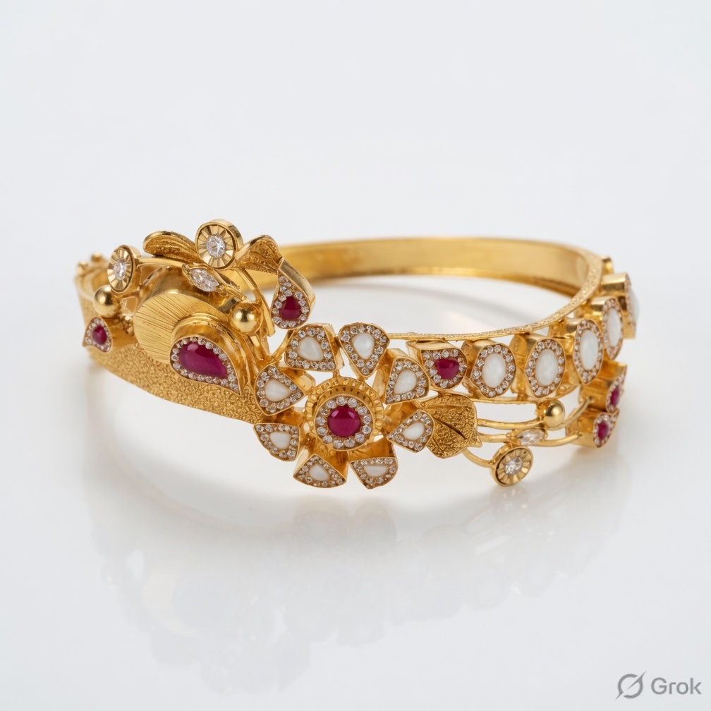 grok-image-4b53eb81-a22d-4a51-a473-ee8f284090f6 Women’s 22K Gold Kundan Ruby Pearl Kada - 22.500g - Image 1